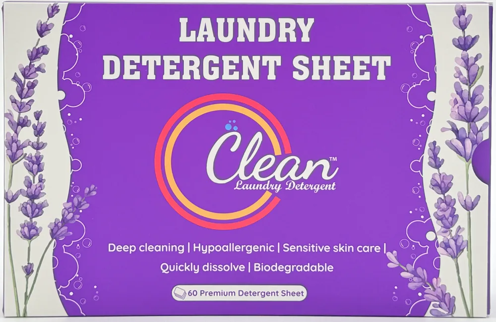 Clean Laundry Detergent Sheet box with lavender illustration, 60 premium sheets