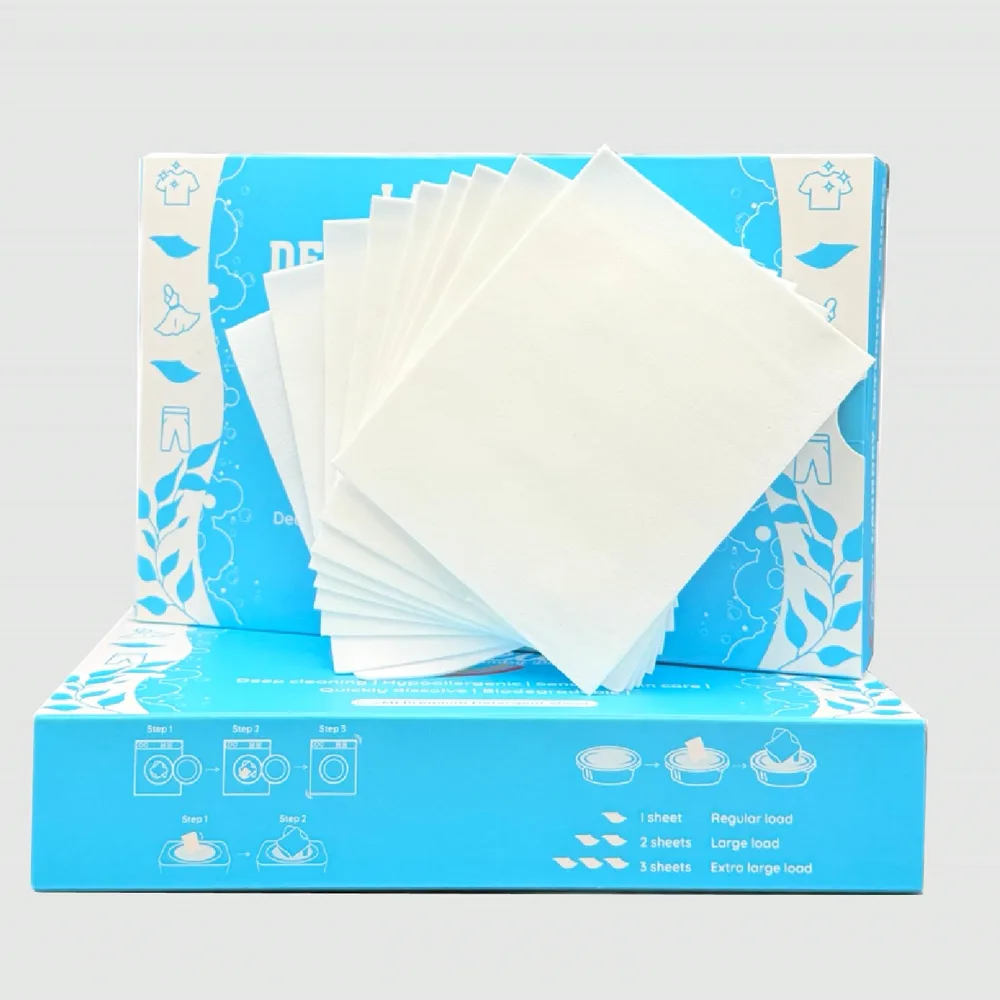 Blue Fresh Scent detergent sheets box with white detergent sheets fanned out on top