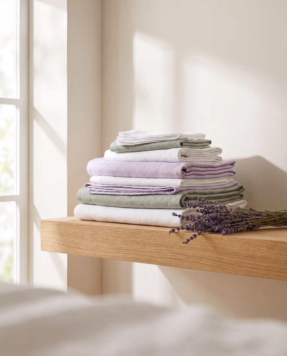 Stack of freshly folded white, lavender, and sage linens on a wooden shelf beside sprigs of lavender