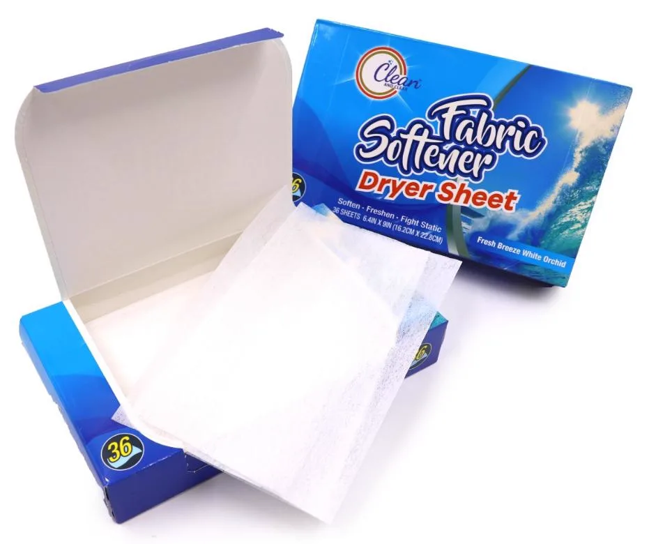 Fabric Softener Dryer Sheets box, open, showing 36 white sheets